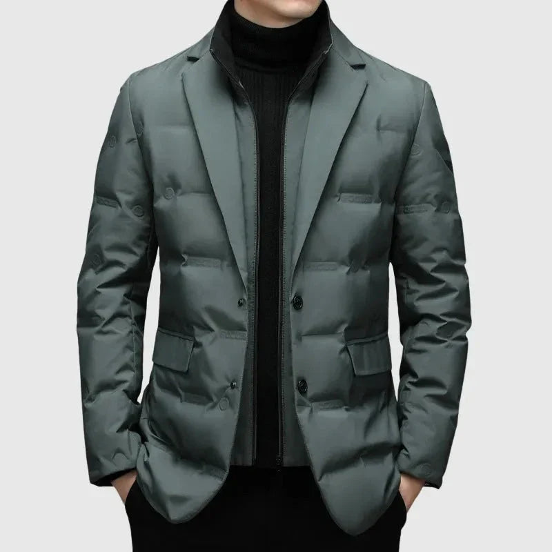 Men's navy quilted down blazer jacket with notched lapel, tailored slim fit for cold weather