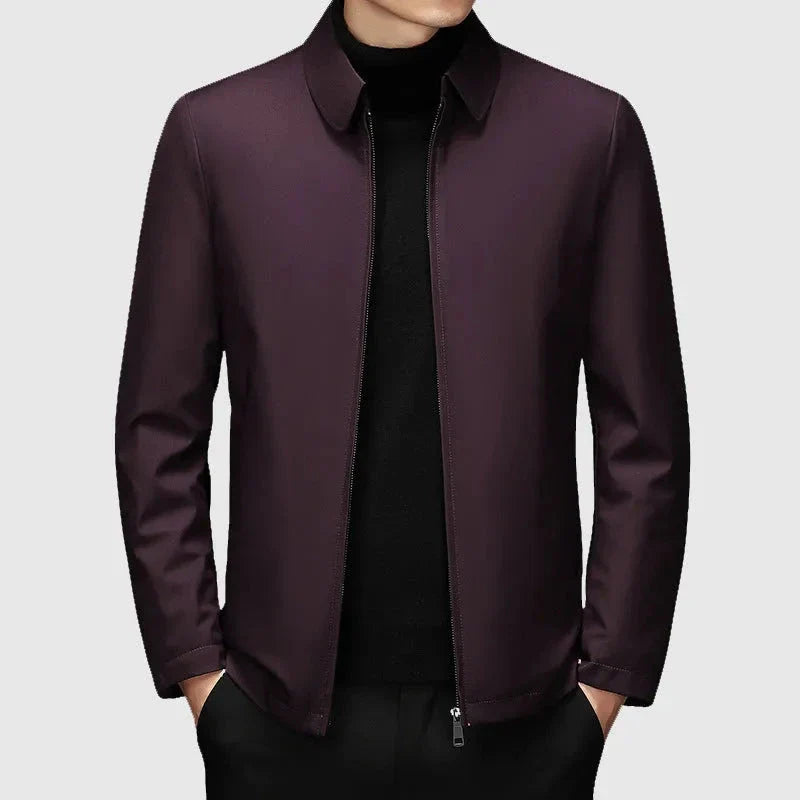 Men's navy tailored-fit down jacket with turn-down collar and full zip front for smart casual style