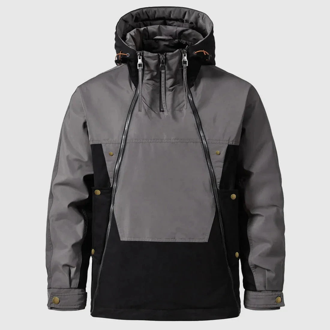 Men's weatherproof insulated padded jacket with adjustable hood, waterproof shell, rugged cold-weather style