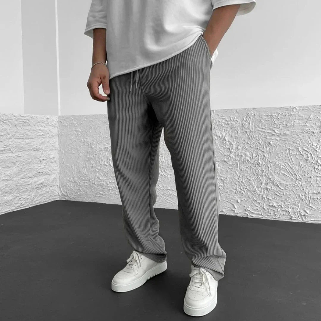 Men's ribbed knit casual pants in neutral tone, straight-leg fit with adjustable drawstring waist