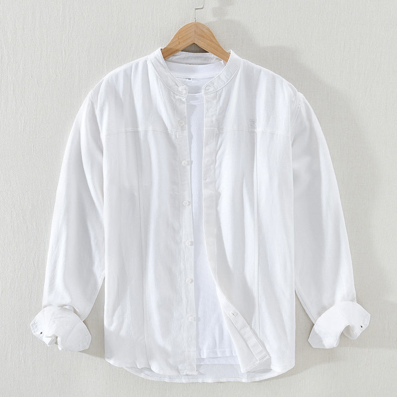 Men's sage green mandarin collar shirt casual fit lightweight breathable cotton long sleeve