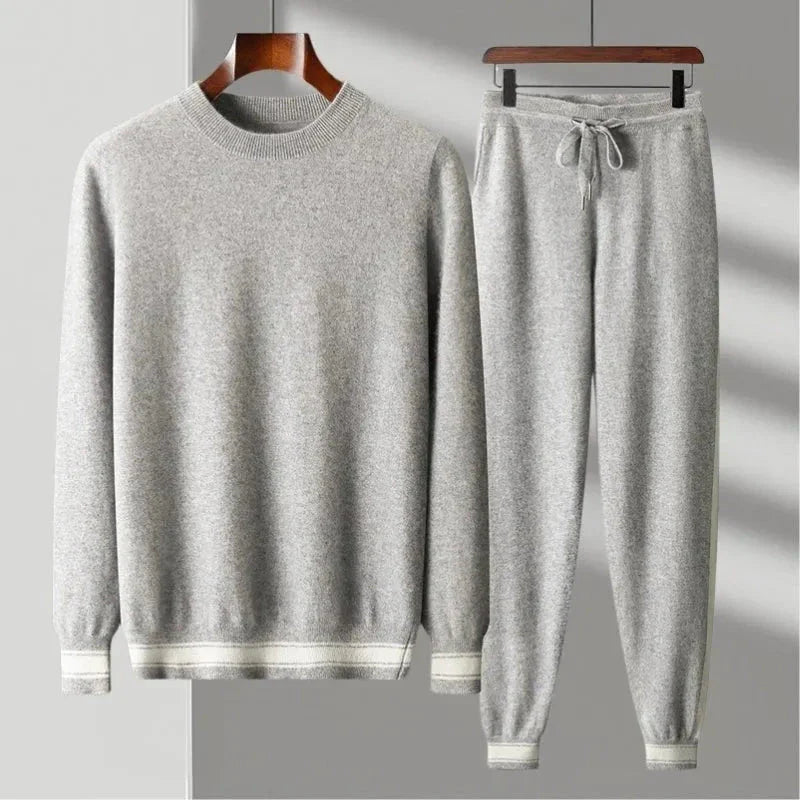 Men's wool knit crewneck pullover and jogger set with ribbed cuffs and tonal stripe accents