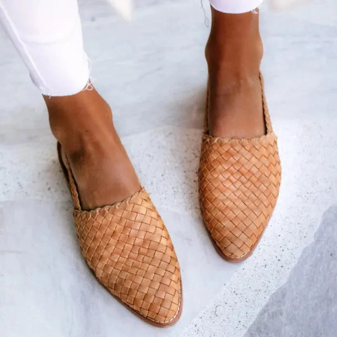 Beige woven slingback pointed-toe flats with breathable PU upper and secure slingback strap