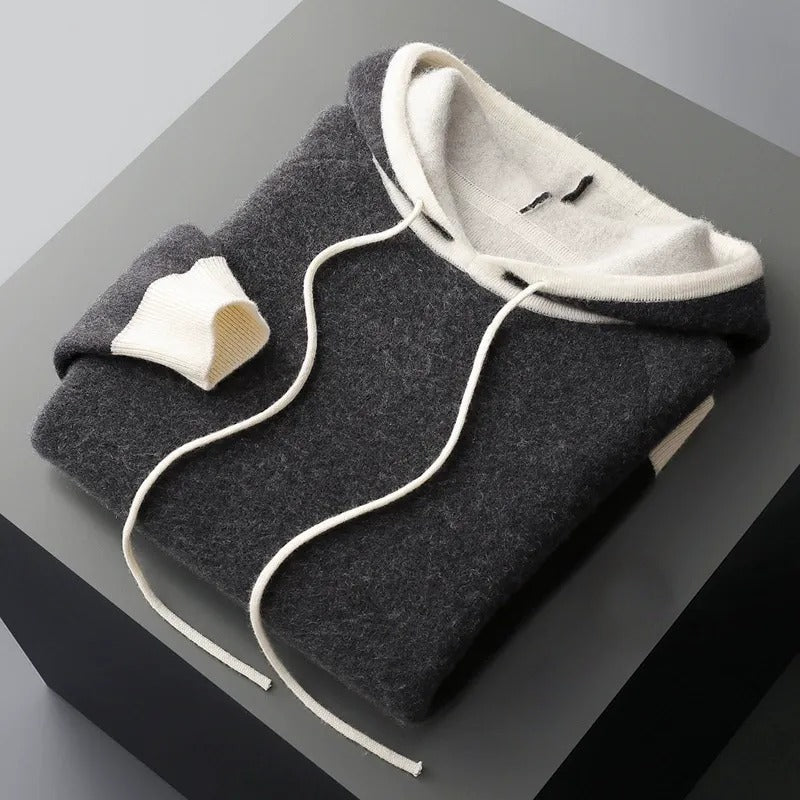 Oversized heather grey cashmere hoodie with contrast trim, heavyweight knit relaxed fit silhouette