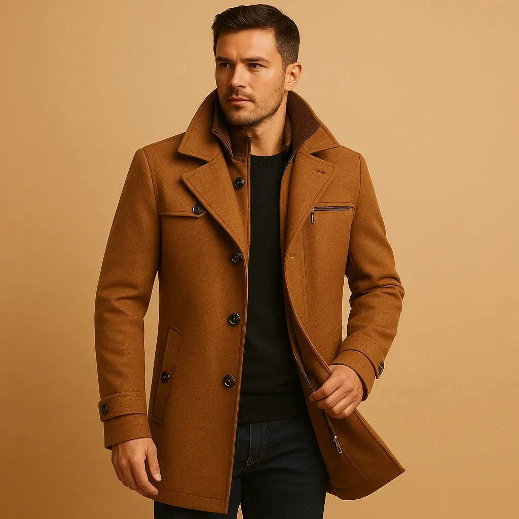 Men's charcoal wool winter overcoat tailored fit structured shoulders classic silhouette