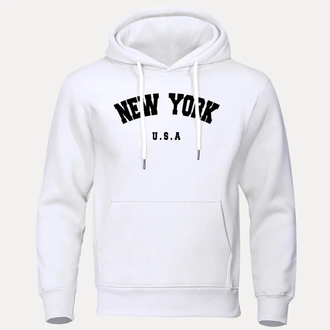 Gray relaxed-fit hoodie with classic New York USA print, kangaroo pocket, ribbed cuffs and adjustable drawstring