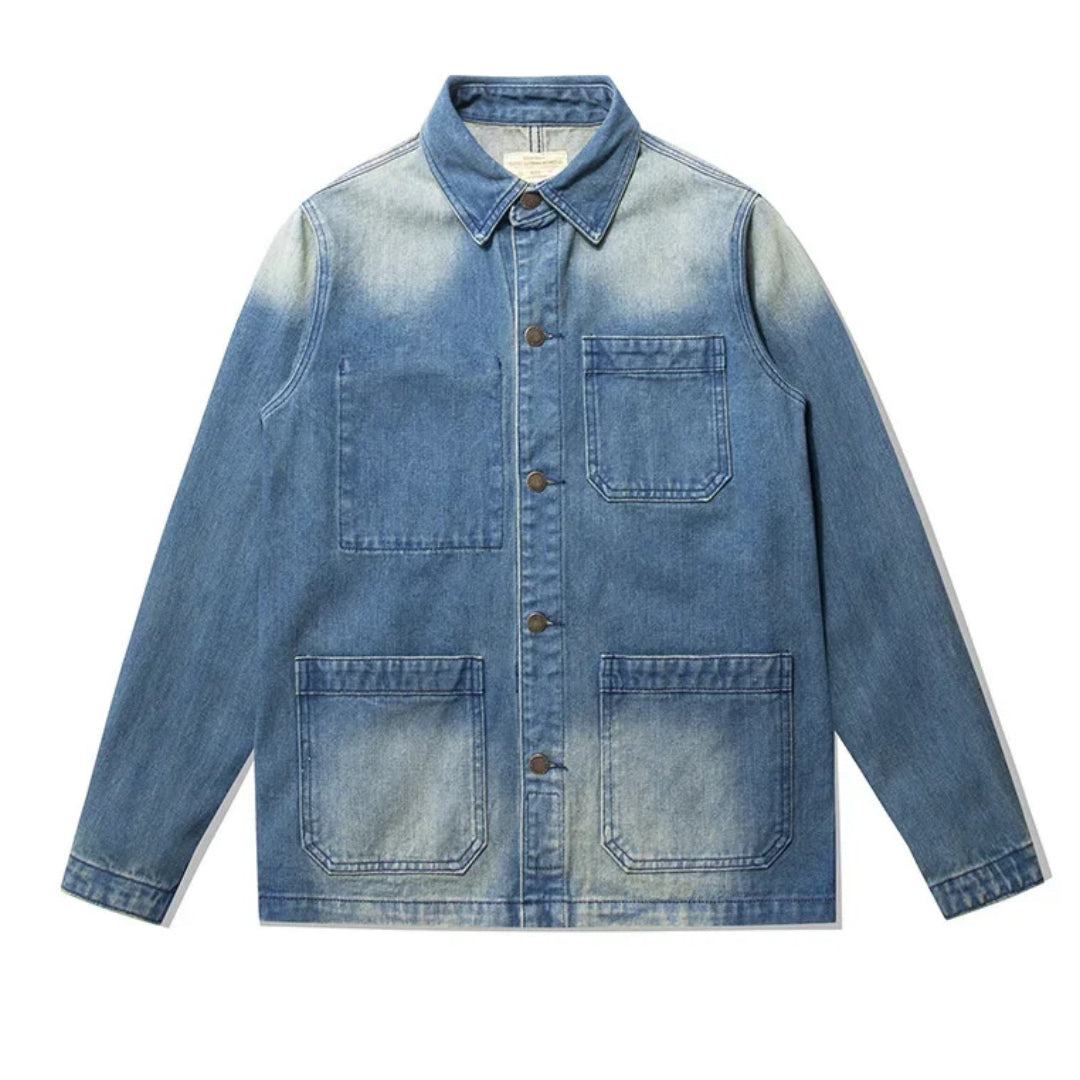 Raw denim work jacket in blue structured collar button-front with multiple spacious pockets