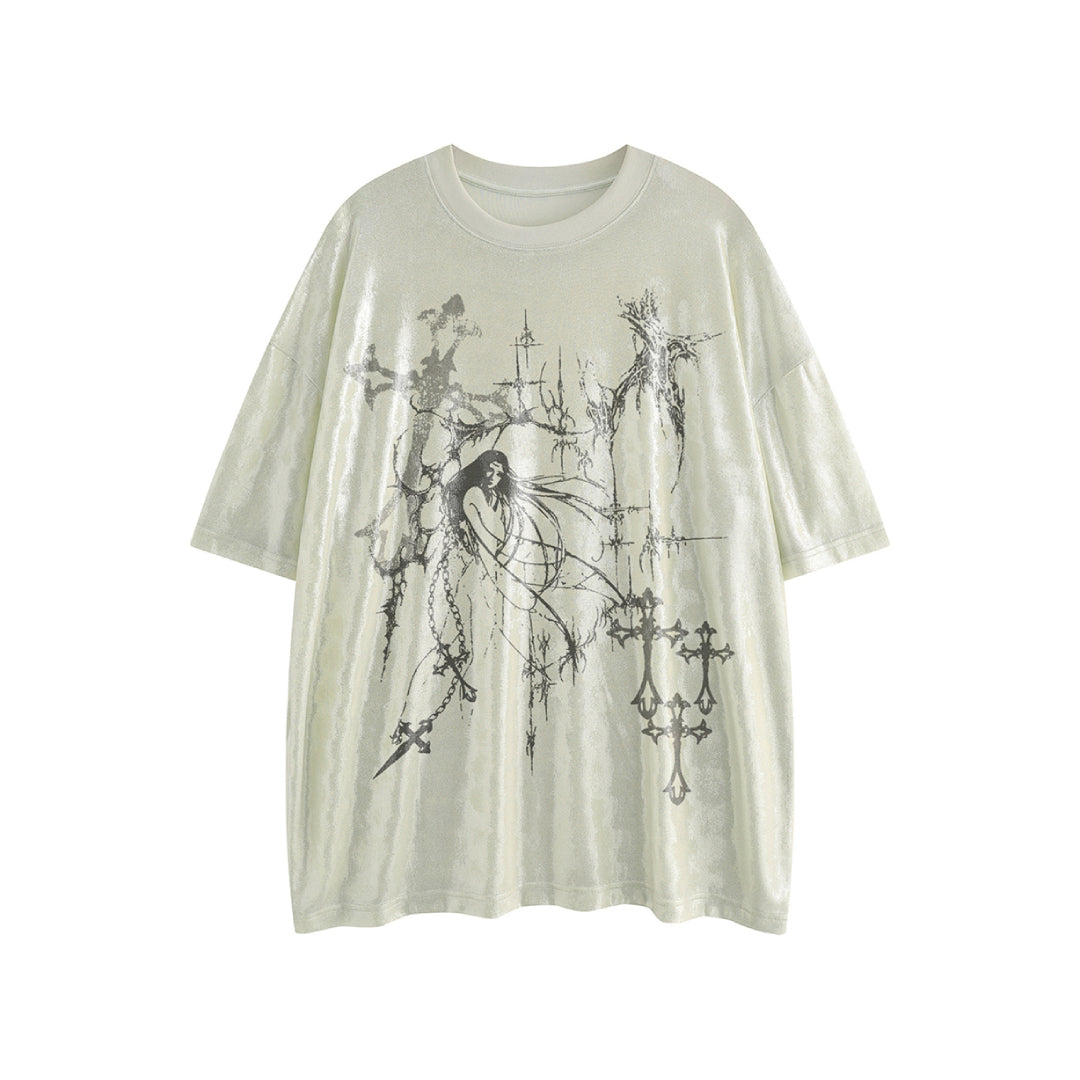 Oversized black gothic punk graphic tee with bold print, loose fit round neck streetwear cotton shirt