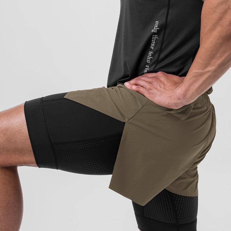 Men's black double-layer training shorts with supportive liner, lightweight breathable fabric for runners