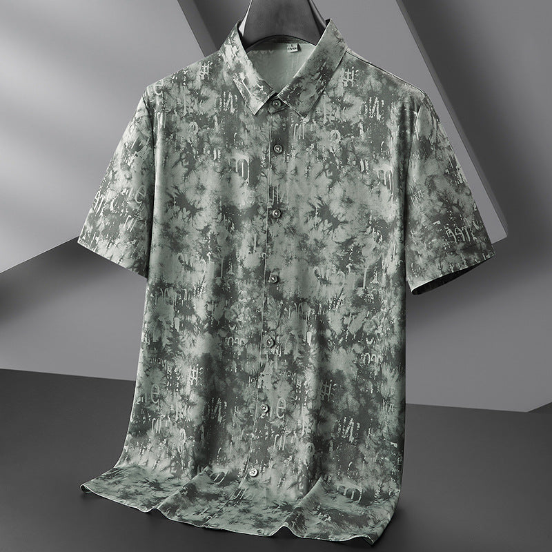 Blue green abstract print ice silk short-sleeve relaxed fit shirt with breathable wrinkle-resistant fabric