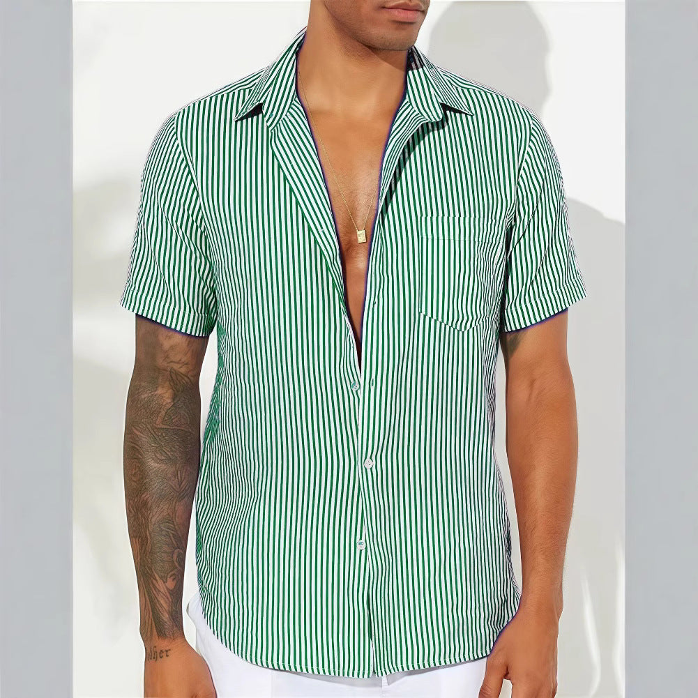Men's relaxed fit short sleeve button-up shirt vertical stripes cotton blend casual wear