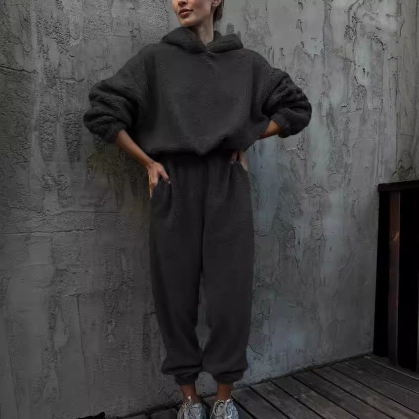 Women's fleece two-piece loungewear set, oversized hoodie and high waist pants, soft cozy fit