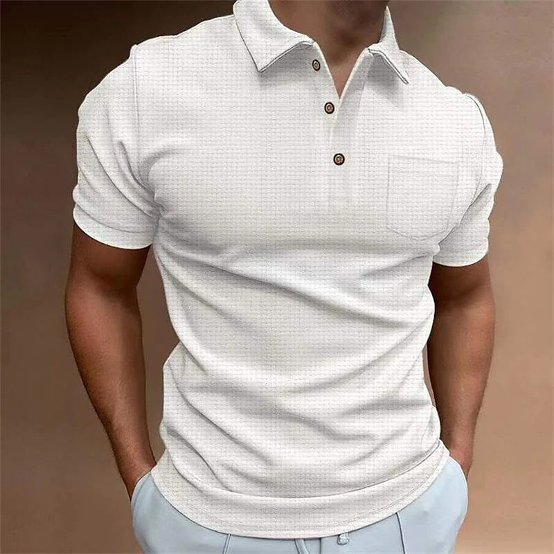 Beige slim fit men's piqué knit polo shirt with chest pocket and short sleeves