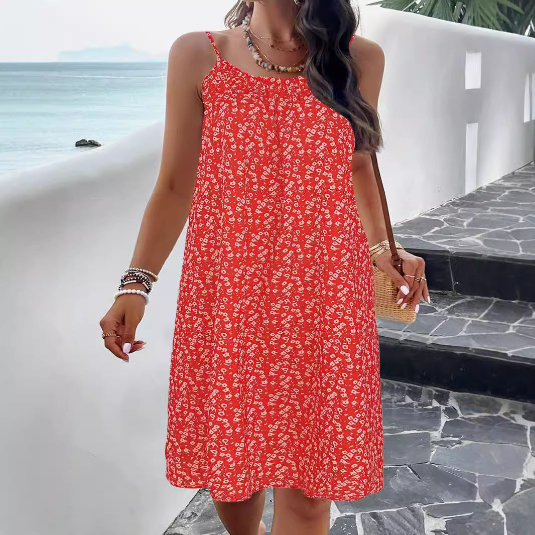 Women's floral swing dress in cotton blend with adjustable straps, knee-length feminine silhouette