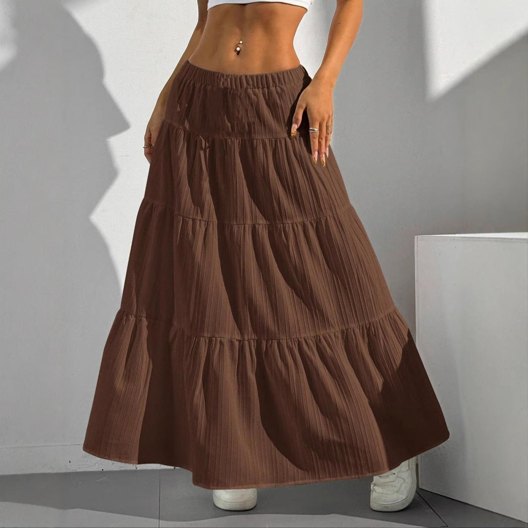 Women's boho long A-line skirt lightweight cotton blend with gathered ruffles hem flowy silhouette
