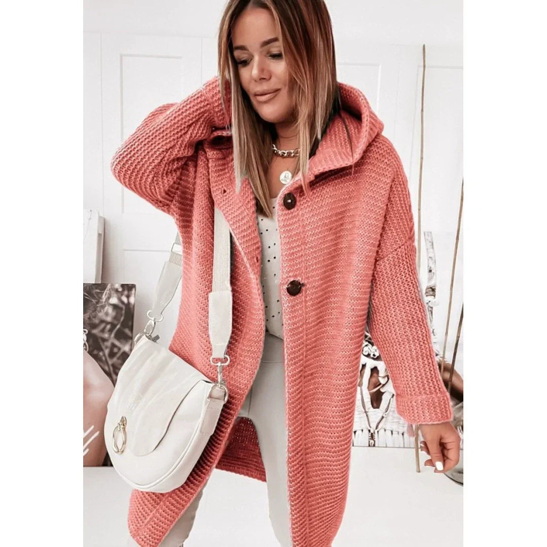 Women's soft beige hooded longline ribbed knit cardigan with button front cozy layering essential