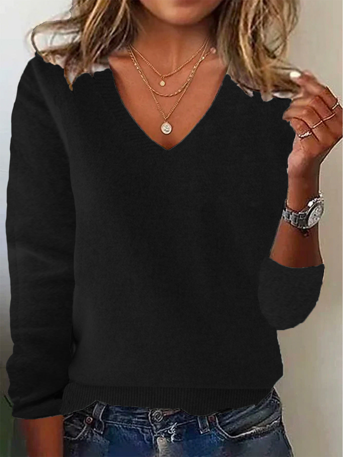 Women's relaxed fit wool knit V-neck pullover sweater, long sleeve casual style