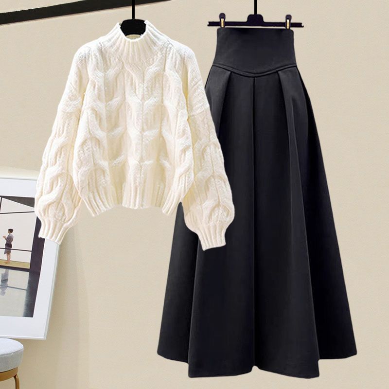 Women's wool cable knit sweater and pleated high-waist midi skirt two-piece set, cozy autumn style