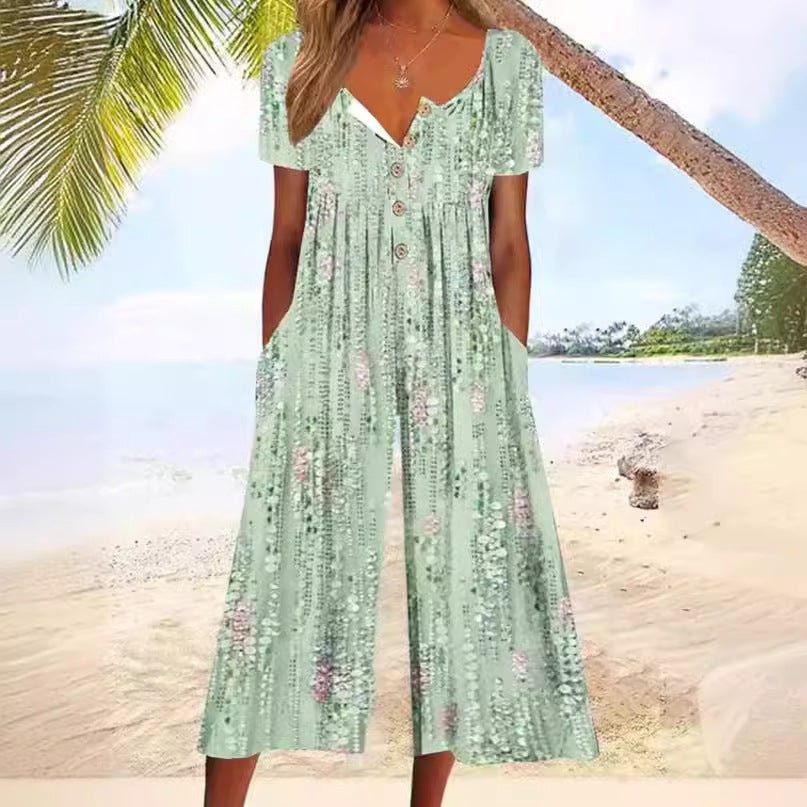 Women's blue white leaf print wide-leg jumpsuit V-neck short sleeves button detail resort style