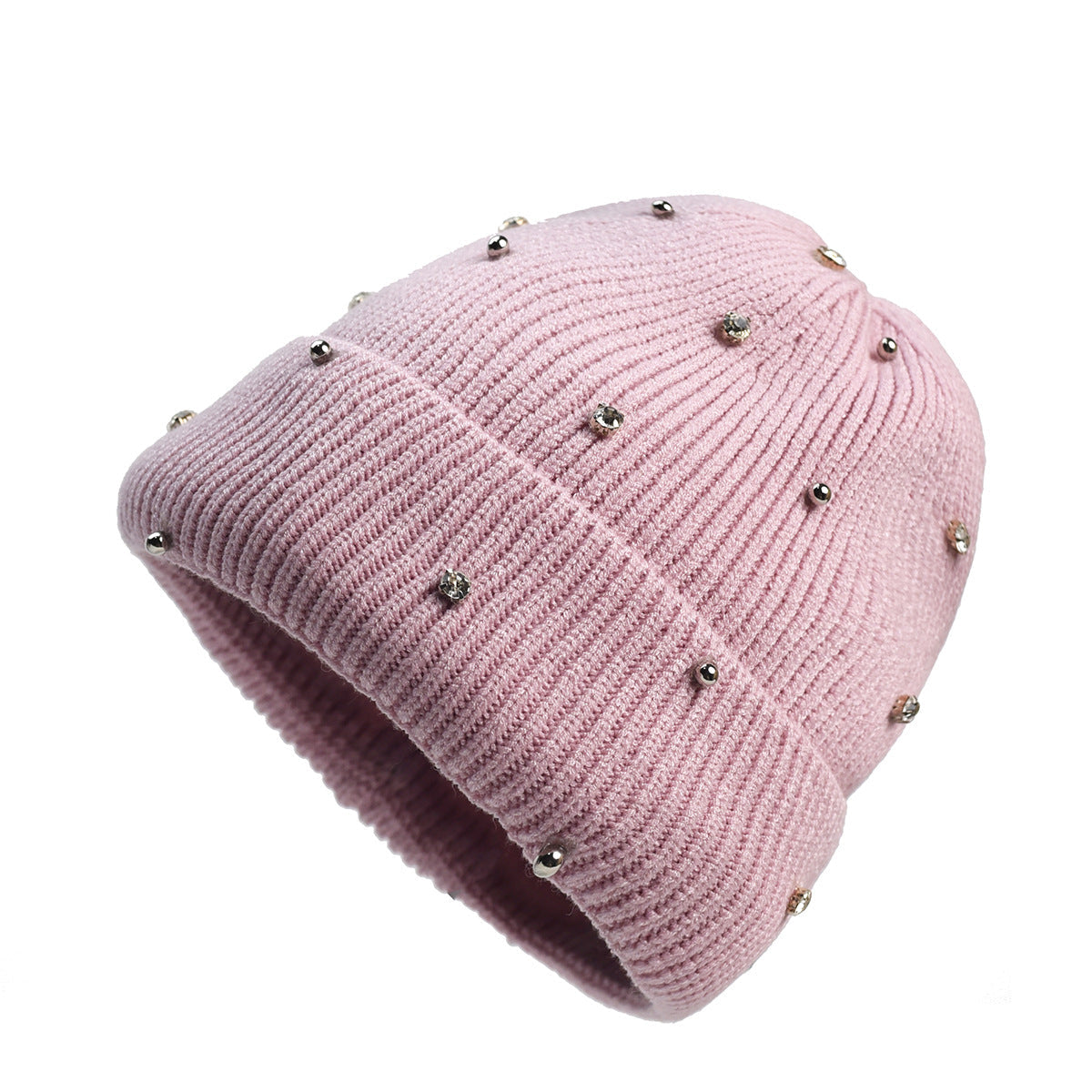 Women's cozy knit beanie in neutral tones with subtle sparkle beaded accents for cold weather glam