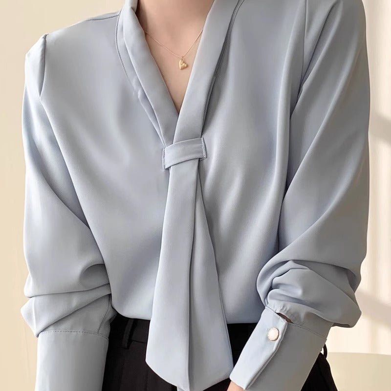 Women elegant chiffon blouse bow tie neck soft V-cut lightweight flowy formal professional style