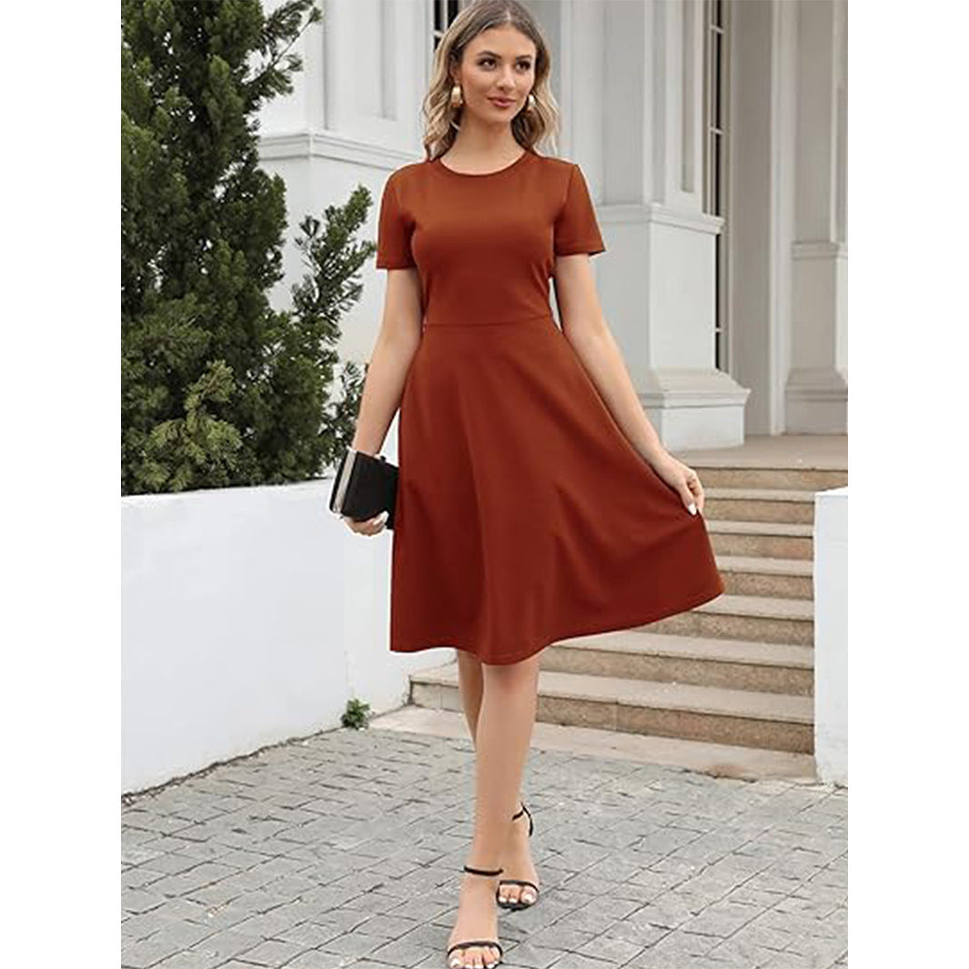 Women's black fit and flare knee-length dress with short sleeves and round neck