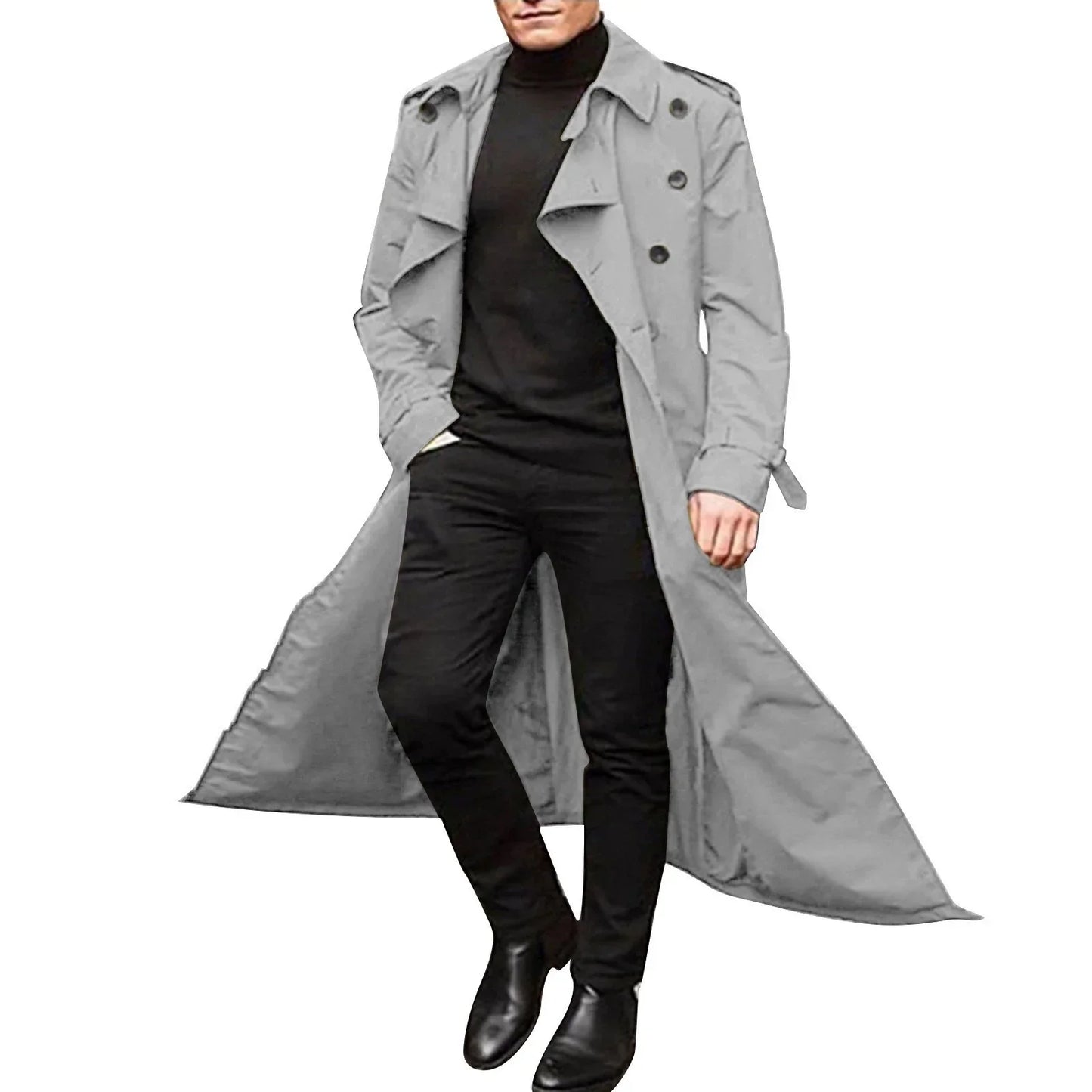 Men's camel tailored-fit double-breasted trench coat with notched lapels, full-length professional style