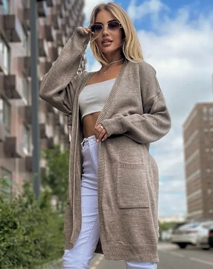 Women's cotton-blend knit cardigan loose fit open front longline silhouette with pockets everyday style