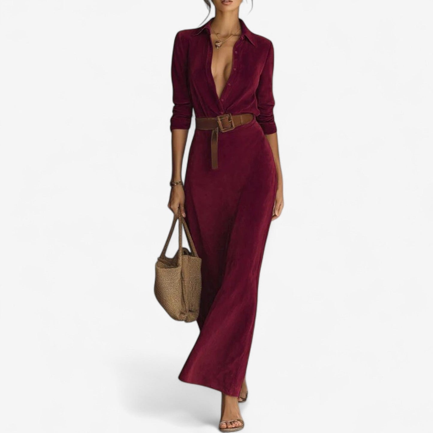 Valeria minimalist maxi dress in solid tone, sleek flowing silhouette with clean unembellished lines