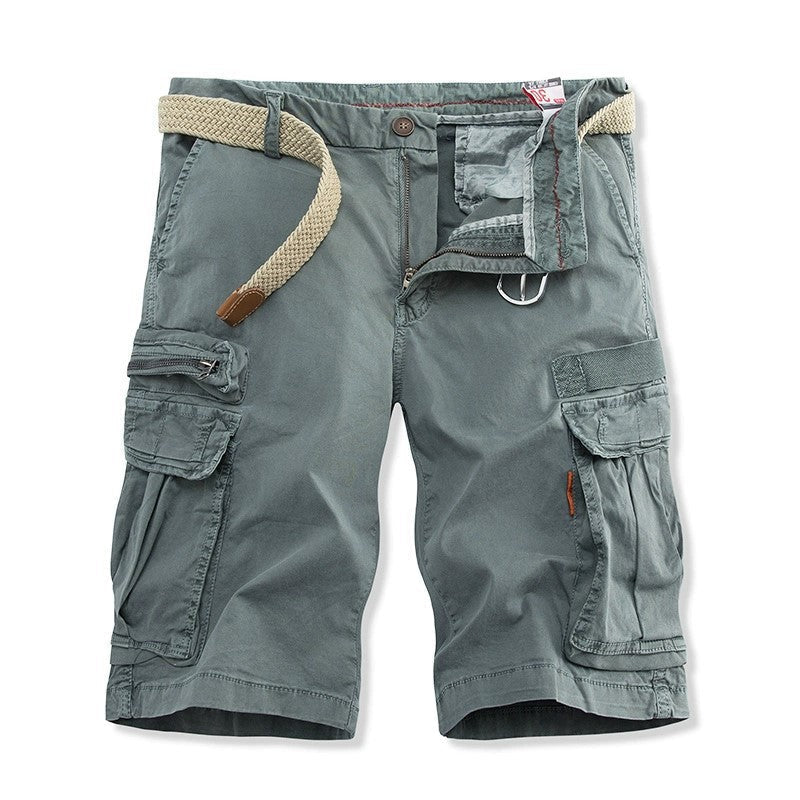 Men's relaxed fit cargo shorts in neutral tones, breathable cotton blend with utility pockets and included belt