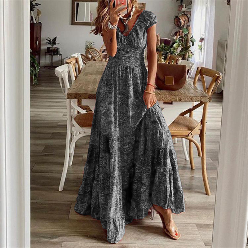 Women's cotton maxi dress, V-neck smocked bodice, tiered skirt, breezy warm-weather style