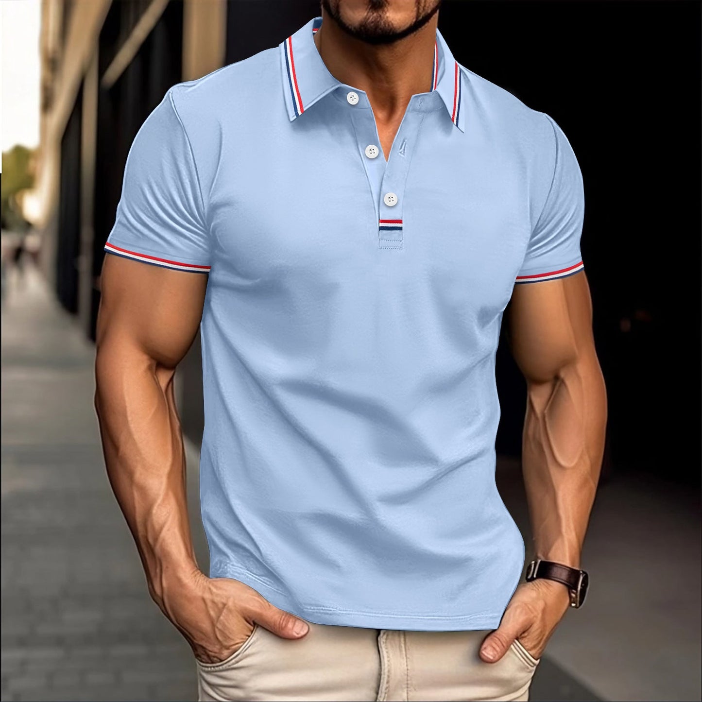 Men's slim fit cotton blend polo shirt with ribbed collar and button placket, versatile casual style