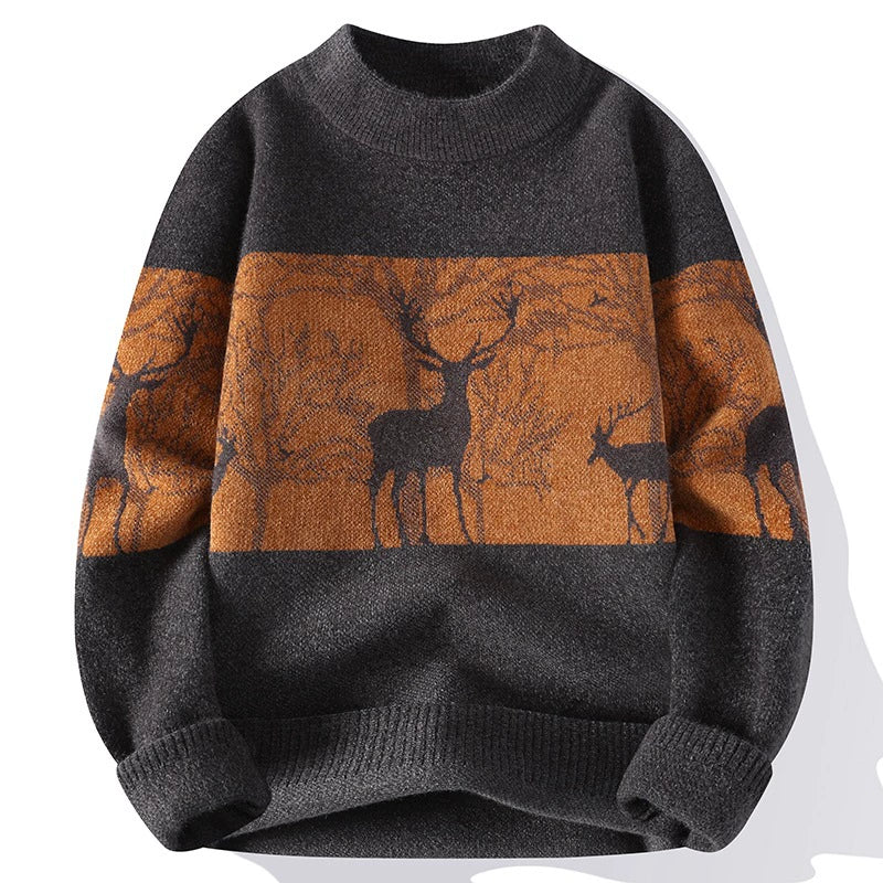 Men's loose fit Nordic knit pullover sweater mock neck ribbed trim deer pattern cozy style