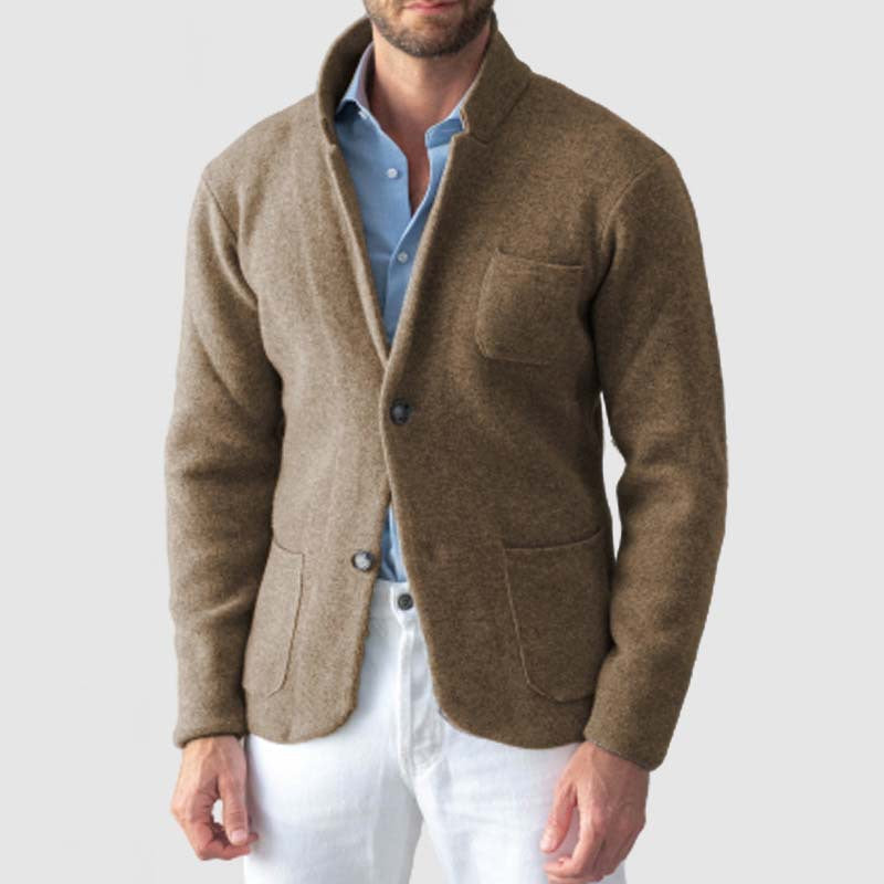 Men's slim fit wool-blend knit blazer with notched lapel, smart casual style in neutral tone
