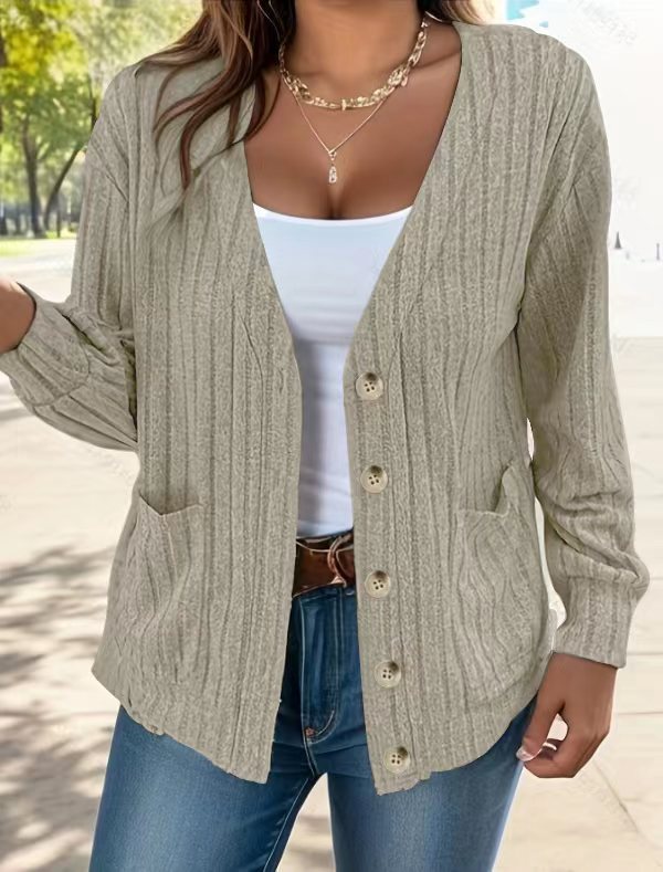 Women's relaxed fit ribbed knit cardigan with pockets, cozy everyday essential in soft neutral tones