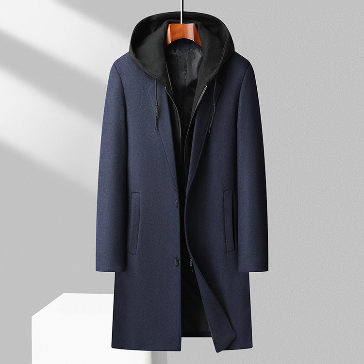 Men's long hooded wool blend coat in classic cut with button front closure for winter wear