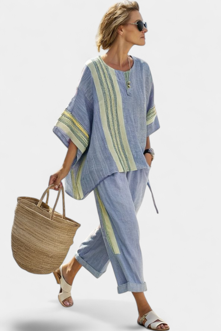 Lavender linen two-piece set oversized top tapered pants mustard woven stripe women's matching