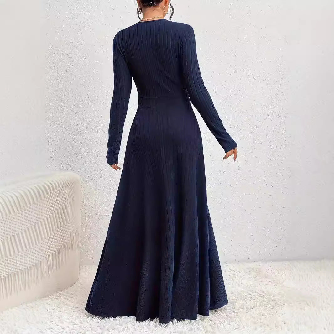Women elegant maxi dress long-sleeved fit-and-flare soft knit defined waist floor-skimming silhouette