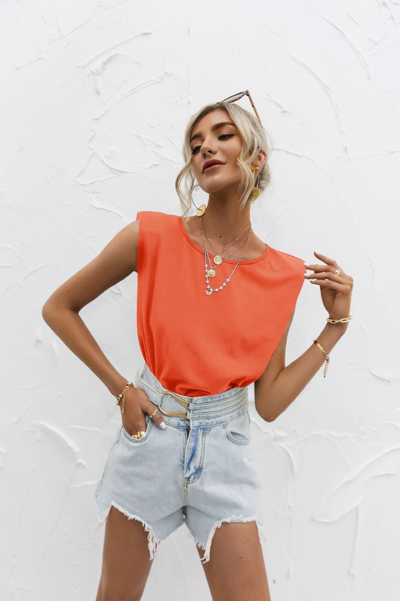 Women's relaxed fit short sleeve top in lightweight cotton blend with extended shoulder detail
