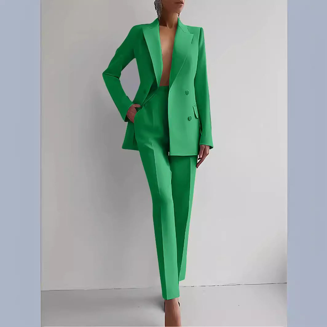 Women's black double-breasted blazer trouser suit set tailored two-piece business professional