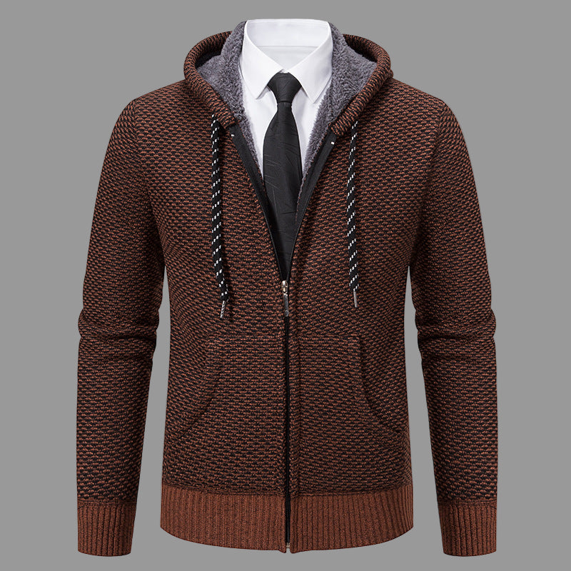 Men's grey hooded cardigan knit blend full zip with ribbed cuffs for smart casual layering