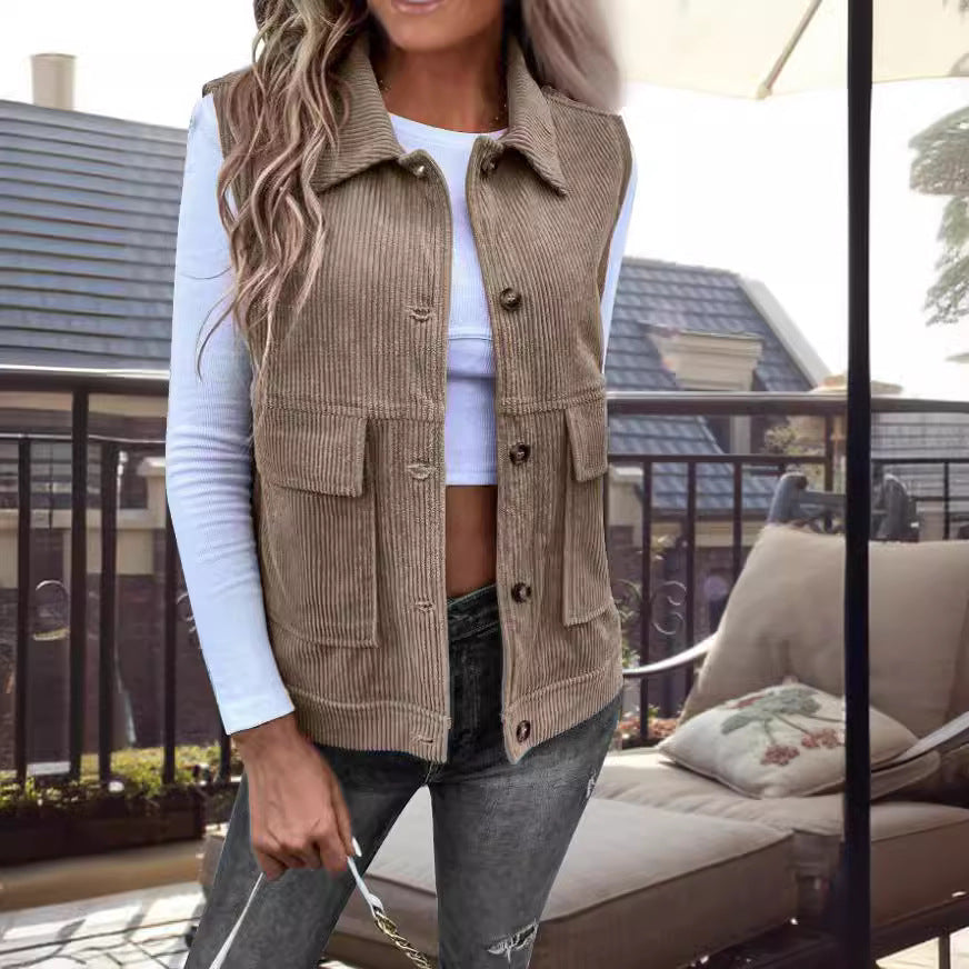 Women's corduroy sleeveless cardigan vest, relaxed fit with utility pockets, textured plush fabric
