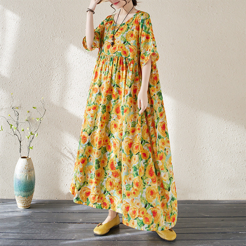 Women's floral maxi dress loose fit 3/4 sleeves lightweight breathable cotton blend casual summer