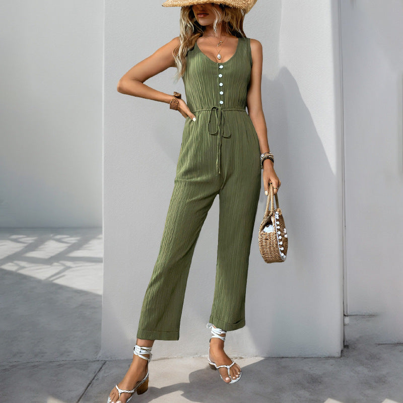 Women's beige textured sleeveless jumpsuit, V-neck relaxed fit with waist belt