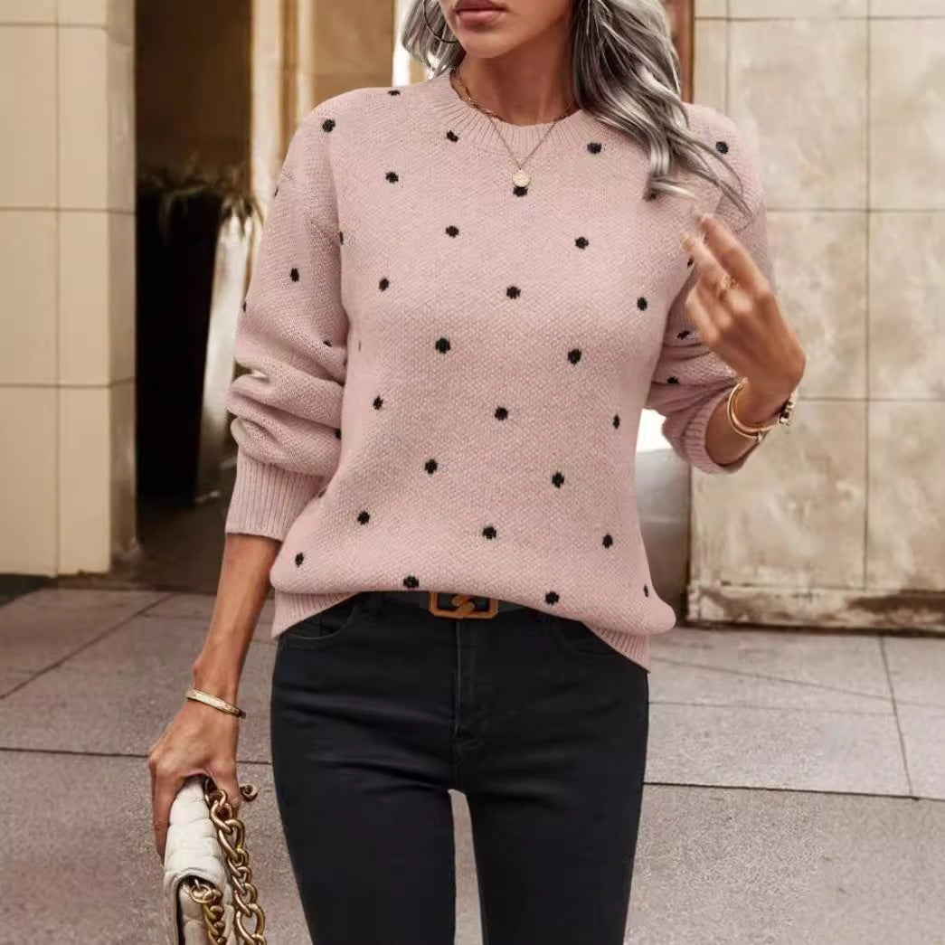 Women's relaxed-fit wool-blend knit sweater with timeless polka dot pattern for cozy everyday chic