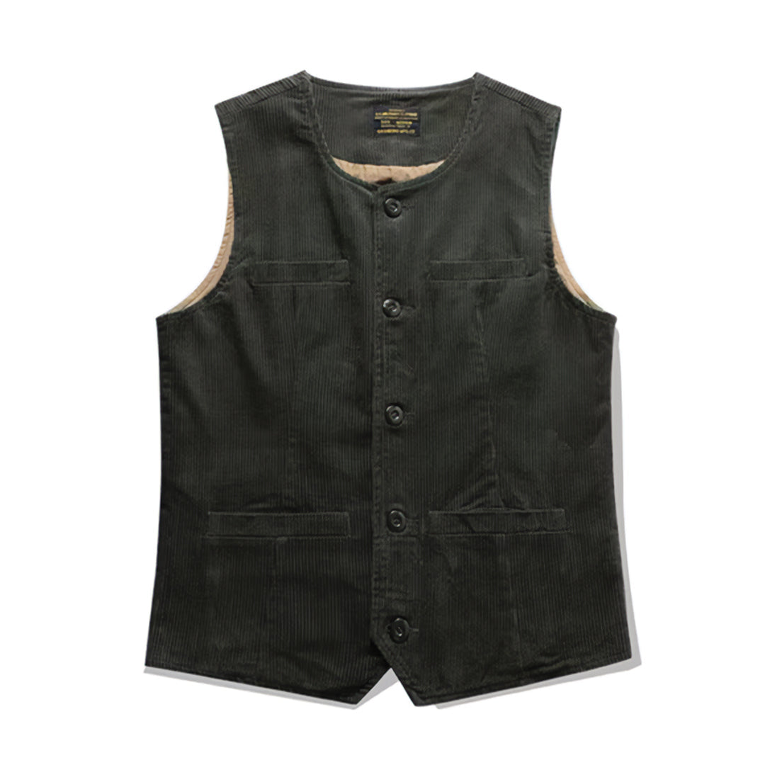 Slim-fit brown corduroy western vest with multi-pocket design and button closure
