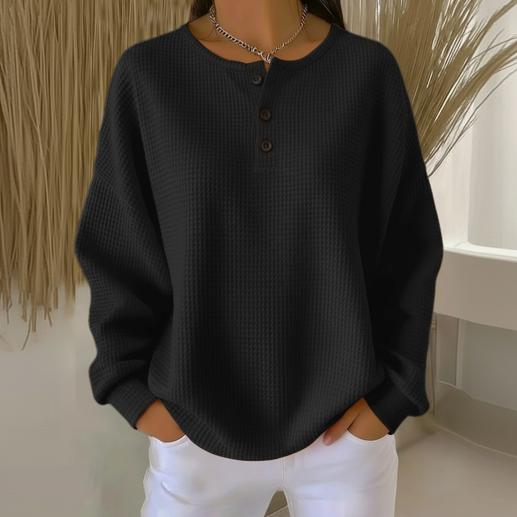 Cozy waffle-knit sweater relaxed silhouette breathable textured fabric casual-chic style