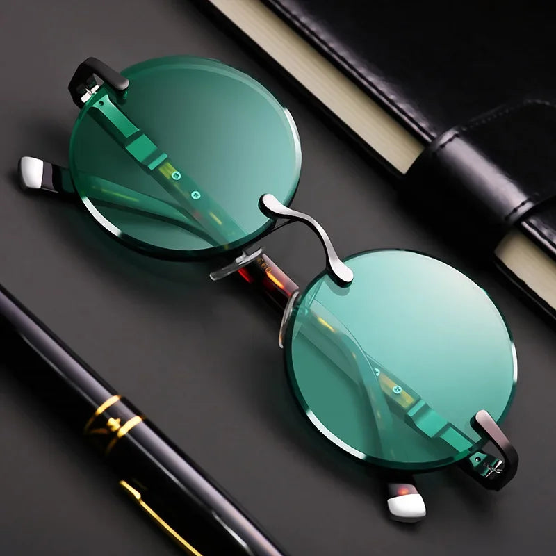 Orbitron frameless round sunglasses silver rimless lens clips lightweight temples cosmic style