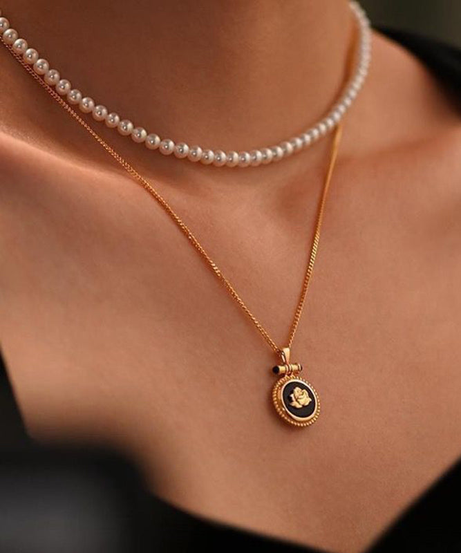 Collier avec pendentif en agate noire surdorée en argent sterling au design original - Wavlynn