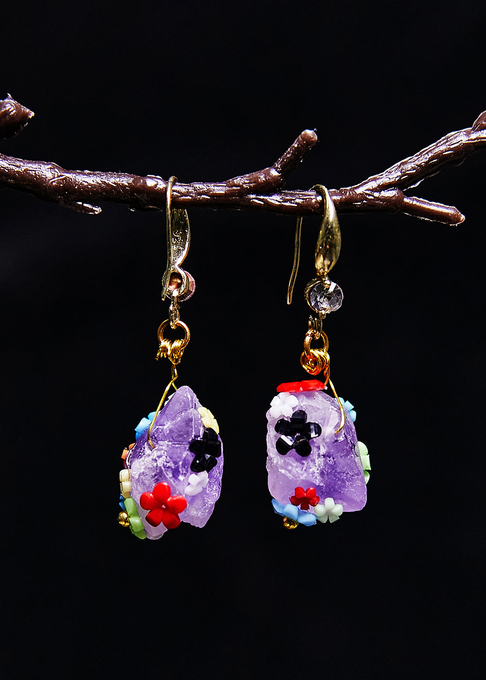Boucles d'oreilles pendantes originales en Jade naturel violet, fleurs multicolores - Wavlynn